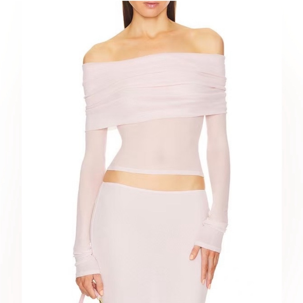 Helsa Sheer Knit Off The Shoulder Top Ballet Pink